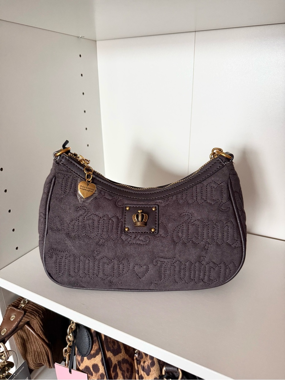 Juicy Couture “Totally Juicy” Suede Embossed Shoulder Bag with Gold Hardware